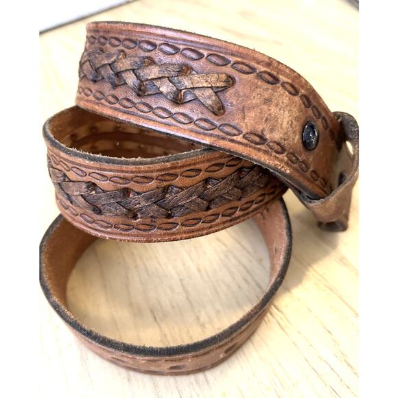 vintage TOOLED buckle belt 34 cowhide WESTERN braided RODEO brown COWBOY - Picture 1 of 15